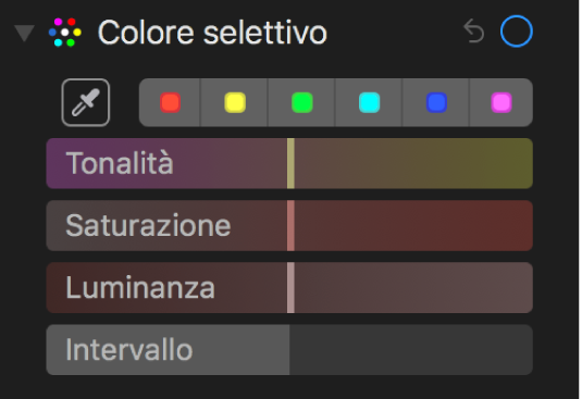 Controlli “Colore selettivo” con i cursori Tonalità, Saturazione, Luminanza e Intervallo.