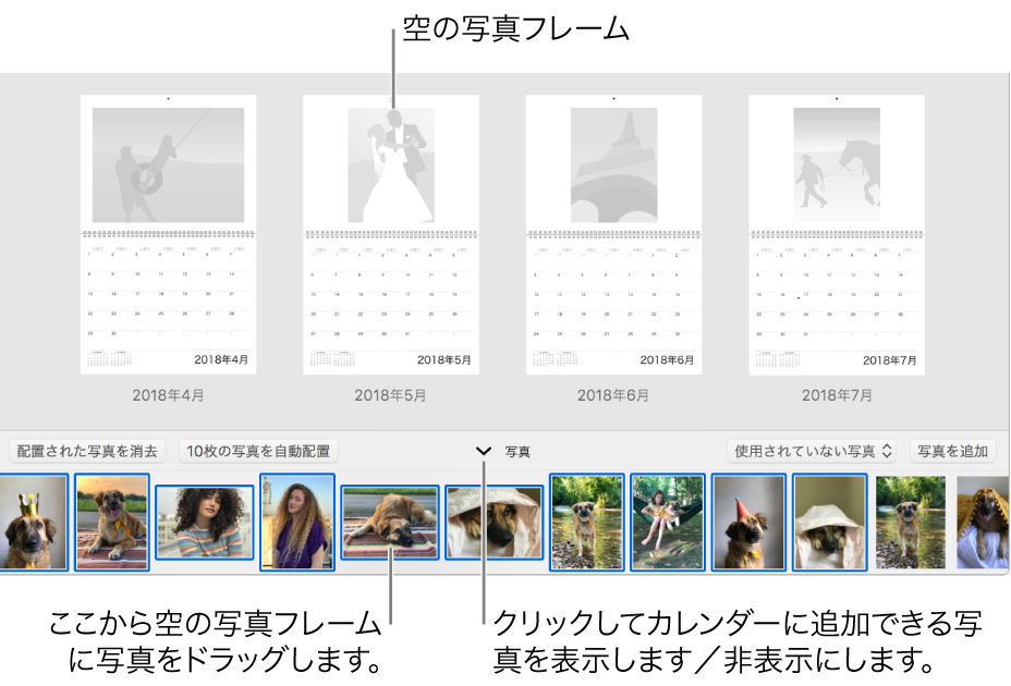 下部に「写真」領域があるカレンダーのページが表示されている「写真」ウインドウ。
