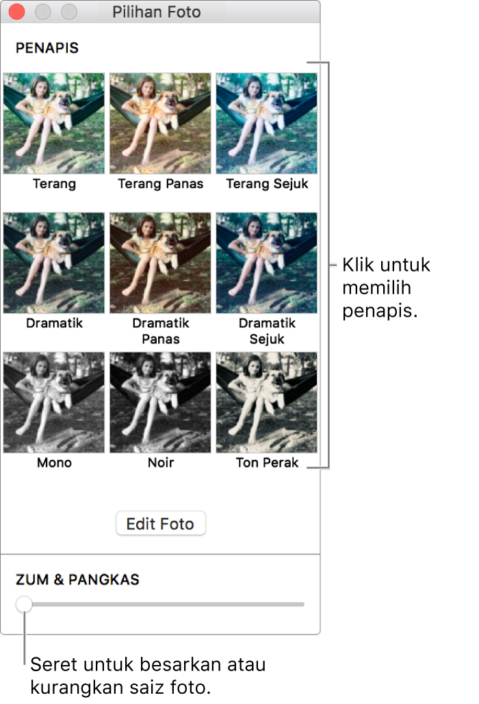 Tetingkap Pilihan Foto dengan gelangsar Zum & Pangkas di bahagian bawah dan pilihan kesan di bahagian atas.