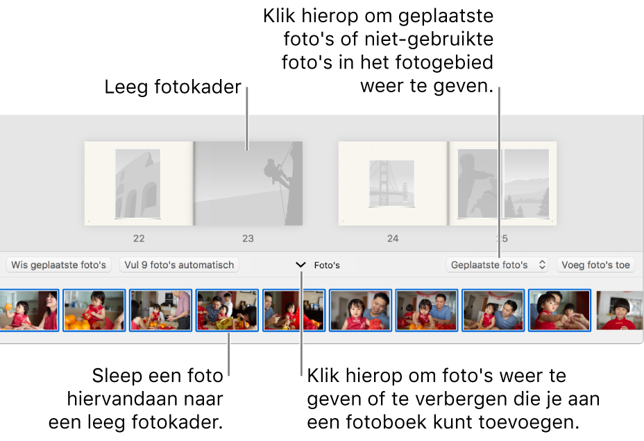 Het Foto's-venster met pagina's van een fotoboek en onderaan het Foto's-gebied.