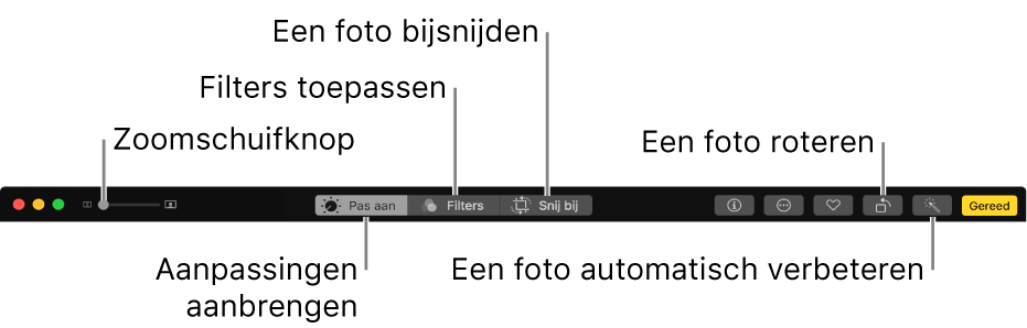 Wijzigingsknoppenbalk met knoppen voor de weergave van aanpassingen, filters en bijsnijdopties.