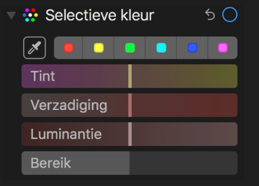 Regelaars voor 'Selectieve kleur' met schuifknoppen voor 'Tint', 'Verzadiging', 'Luminantie' en 'Bereik'.