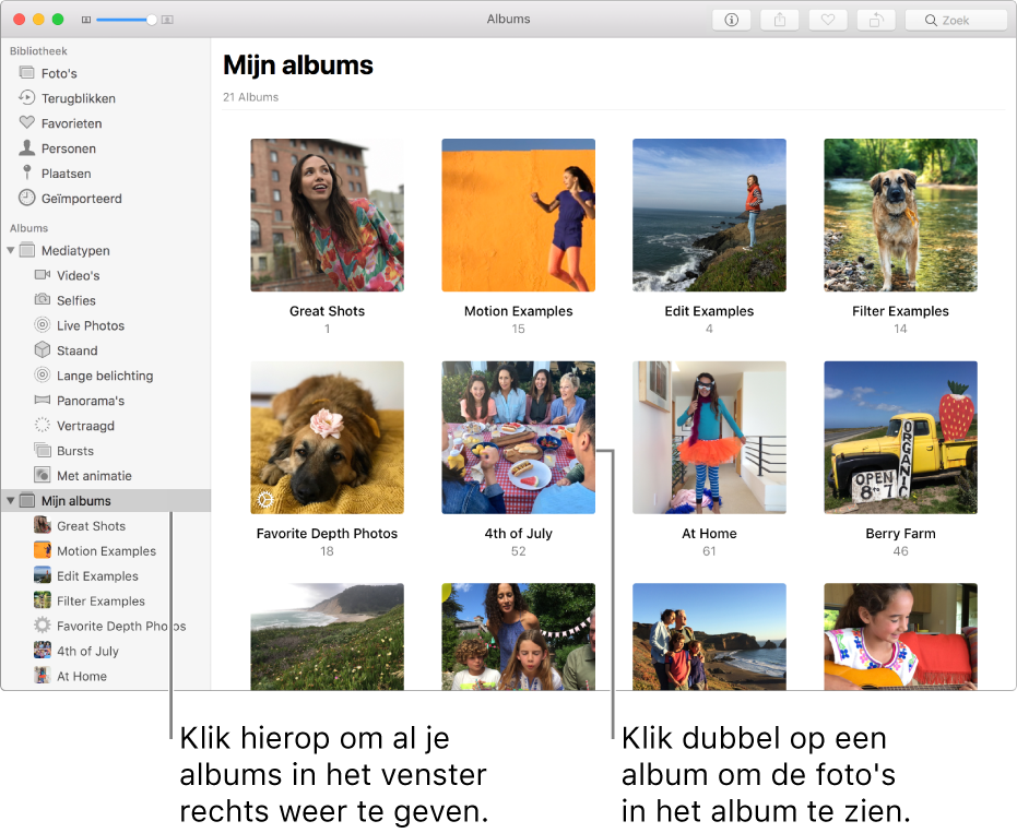 Het Foto's-venster met 'Mijn albums' geselecteerd in de navigatiekolom en de albums die je hebt aangemaakt in het venster aan de rechterkant.