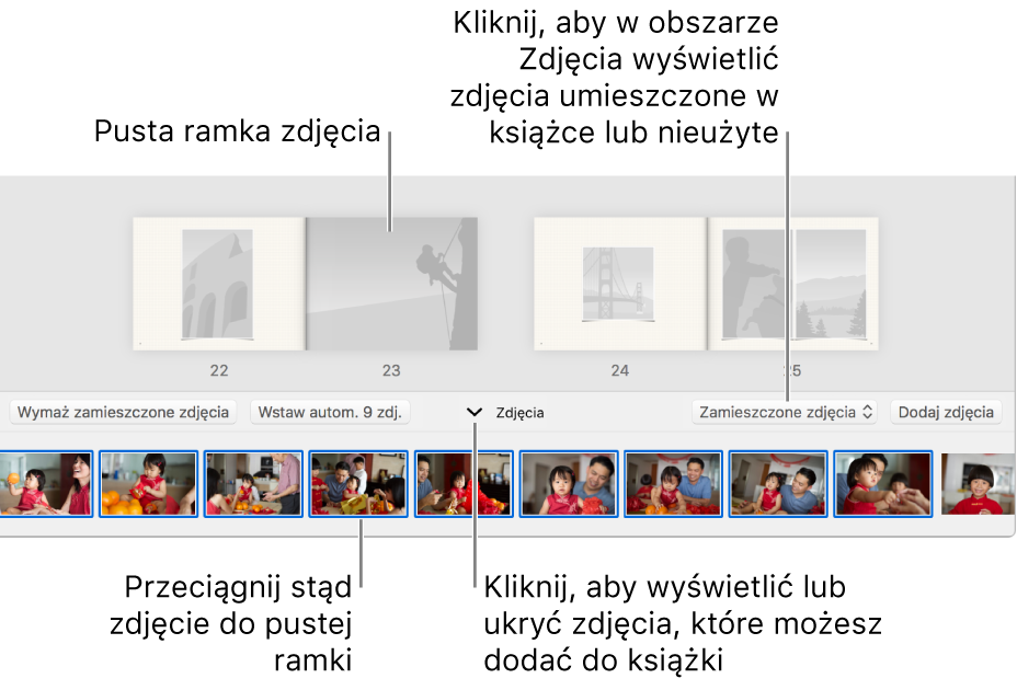 Okno aplikacji Zdjęcia zawierające strony książki z obszarem Zdjęcia na dole.