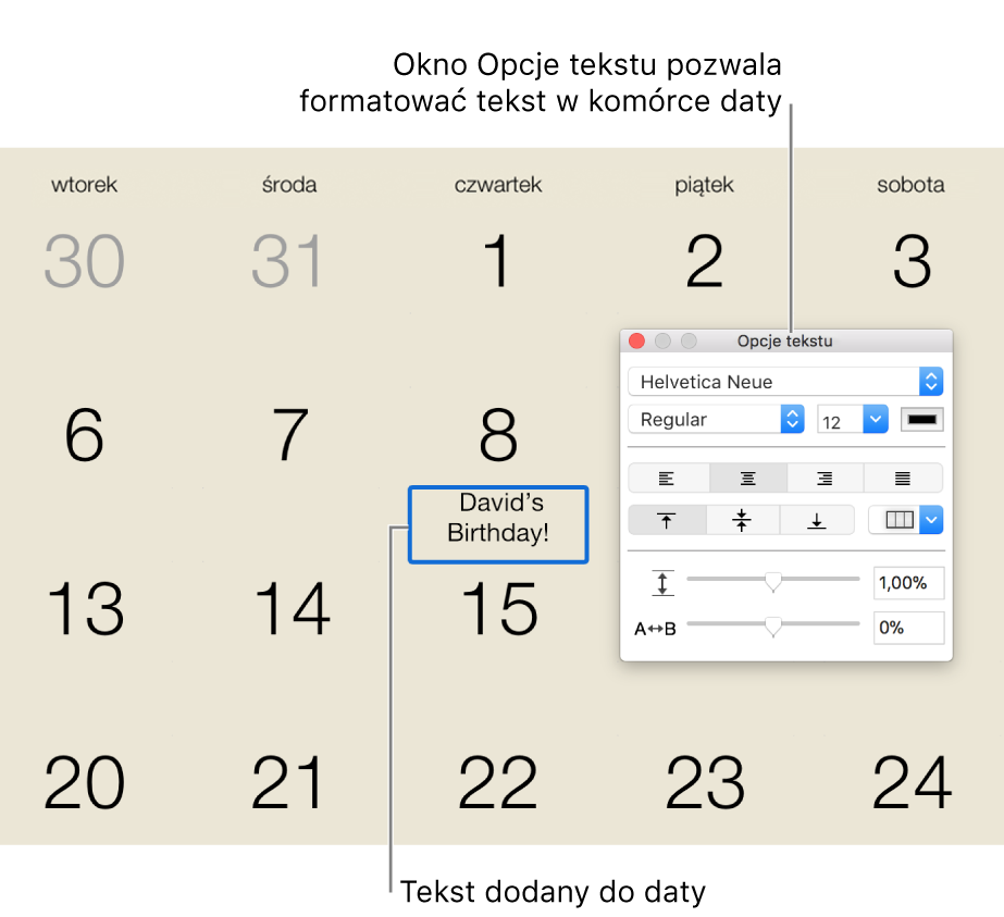 Data w kalendarzu z dodanym tekstem oraz okno Opcje tekstu po prawej.