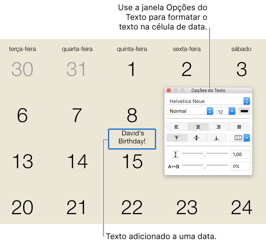 Texto adicionado à data no calendário e janela “Opções do Texto” à direita.