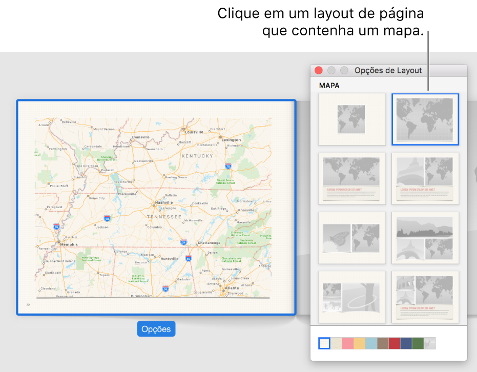 Janela “Opções de Layout” mostrando layouts de mapa.