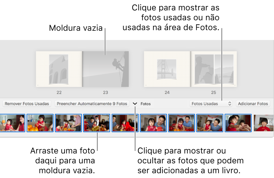 Janela do Fotos exibindo páginas de um livro com a área de Fotos na parte inferior.