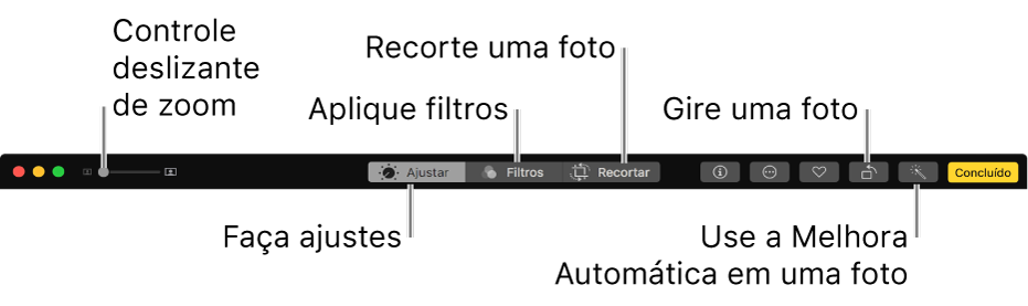 A barra de ferramentas de edição mostrando botões para exibição de opções de ajustes, filtros e recorte.