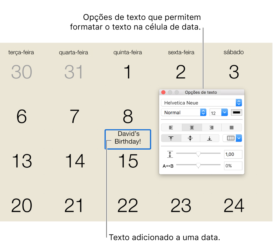Uma data do calendário com texto adicionado e a janela “Opções de texto” à direita