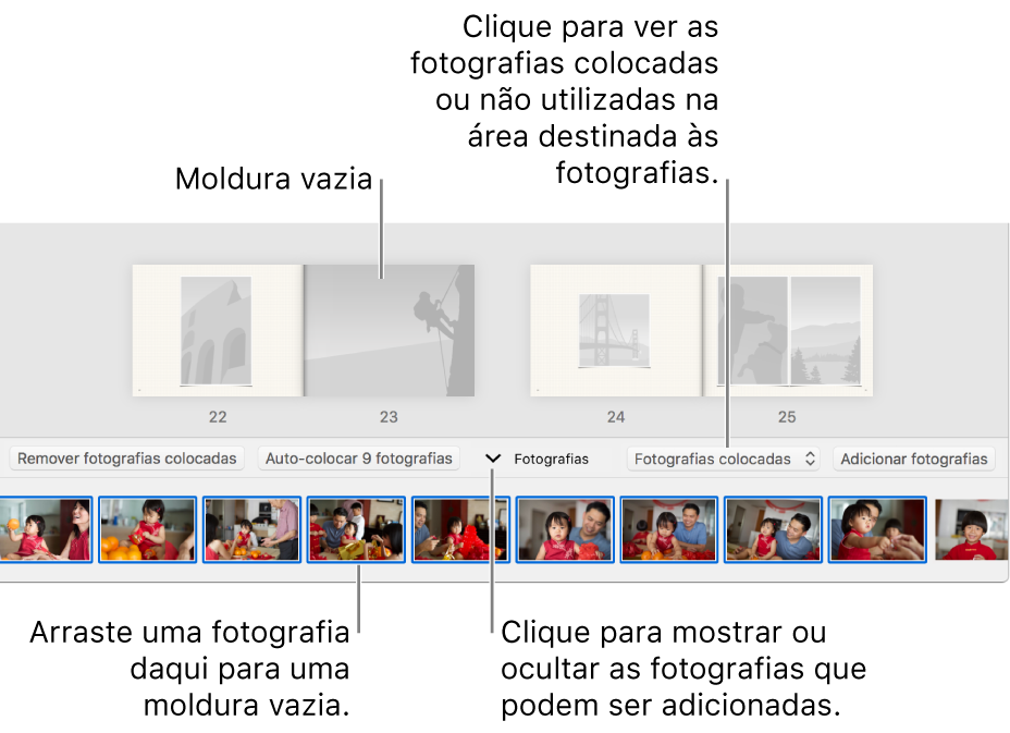 Janela de Fotografias a mostrar as página de um livro, com a área de Fotografias visível na parte inferior.
