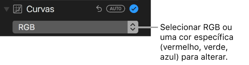 Controlos de curvas com a opção RGB selecionada no menu pop‑up