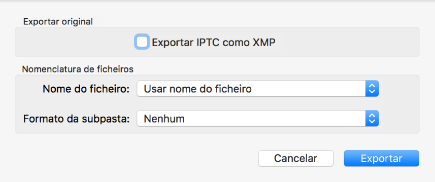 Caixa de diálogo "Exportar original" com as opções de exportação