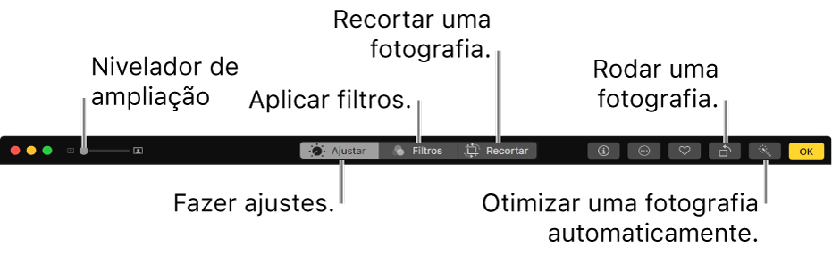 Barra de ferramentas de edição, com botões para mostrar os ajustes, filtros e opções de recorte.