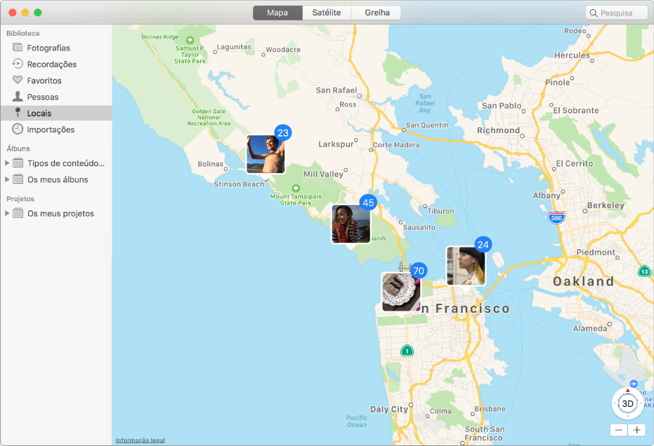 Janela de Fotografias que mostra um mapa com miniaturas de fotografias agrupadas segundo a localização.
