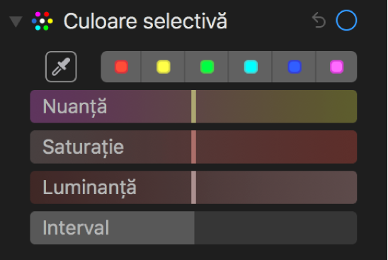 Comenzile Culoare selectivă afișând glisoarele Nuanță, Saturație, Luminanță și Interval.