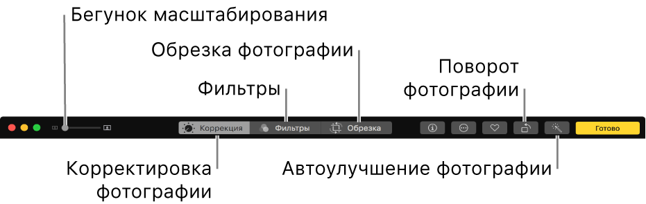 Панель инструментов редактирования с кнопками для отображения корректировок, фильтров и параметров обрезки.