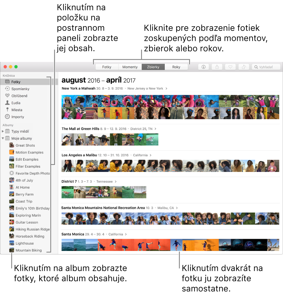 Okno aplikácie Fotky, v ktorom sa zobrazujú fotky usporiadané podľa zbierky.