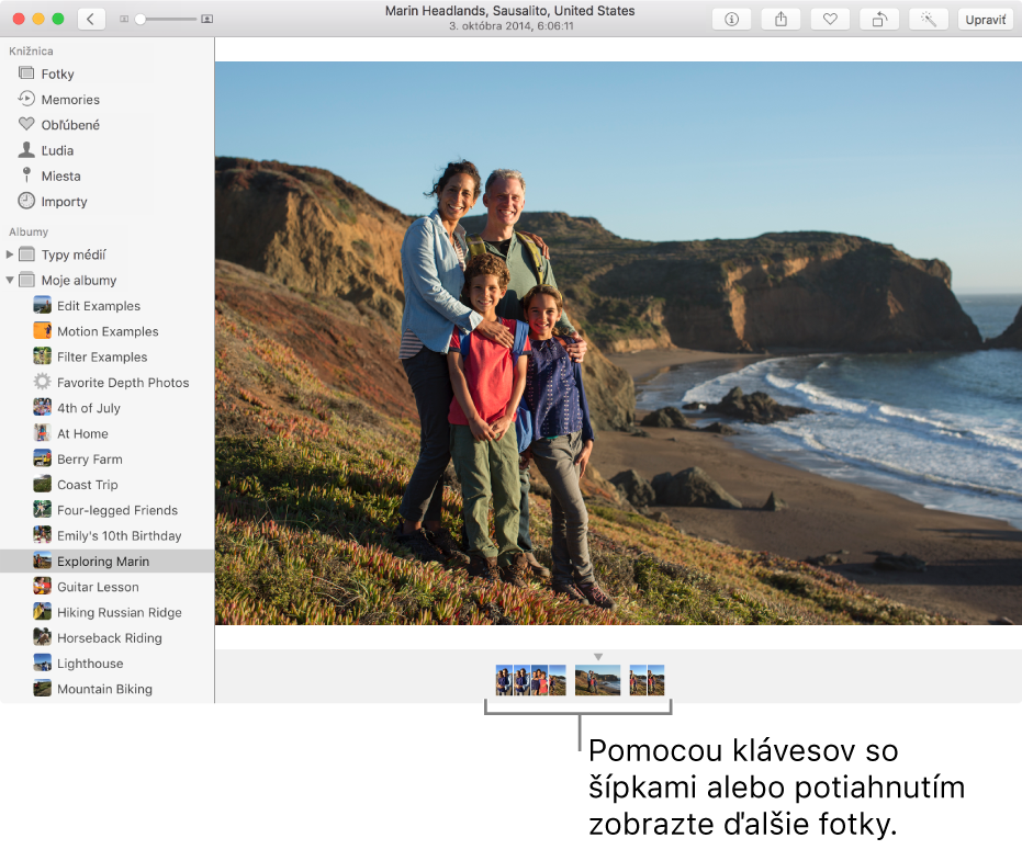 Okno aplikácie Fotky, v ktorom sa pod fotkou zobrazujú fotky v rovnakom albume alebo zbierke.