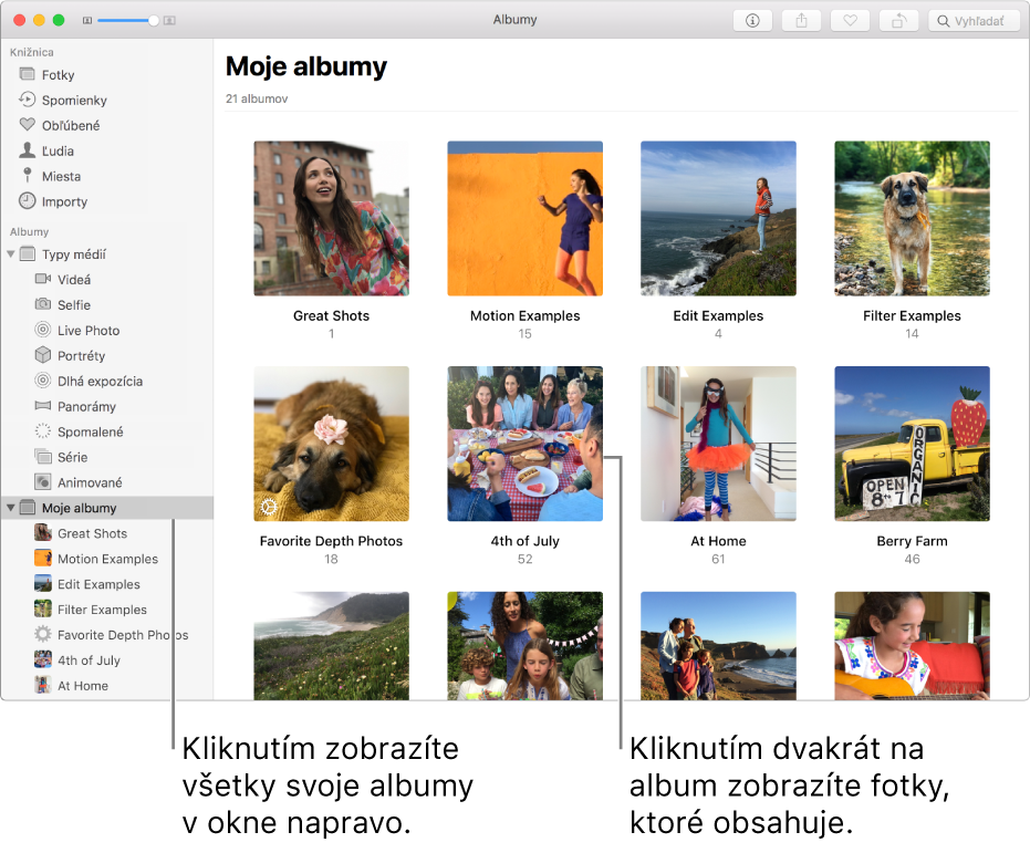 Okno aplikácie Fotky, kde je priečinok Moje albumy označený v postrannom paneli a albumy, ktoré ste vytvorili, sú zobrazené v okne na pravej strane.