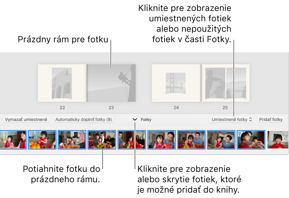 Okno aplikácie Fotky zobrazujúce strany knihy s oblasťou Fotky v spodnej časti.