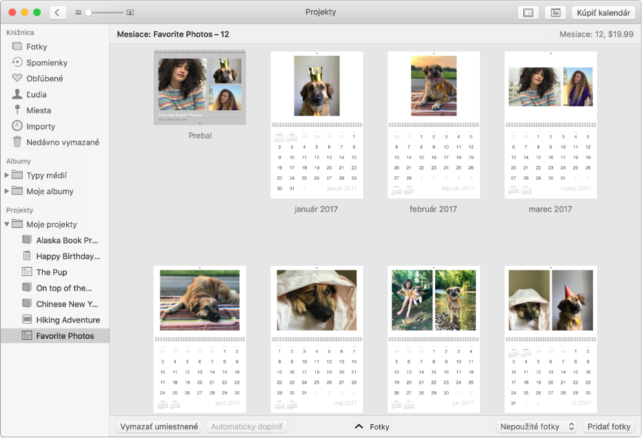 Okno aplikácie Fotky so zobrazeným kalendárom.