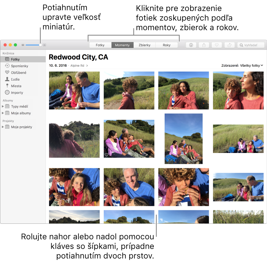 Okno aplikácie Fotky so zobrazenými fotkami v momente.