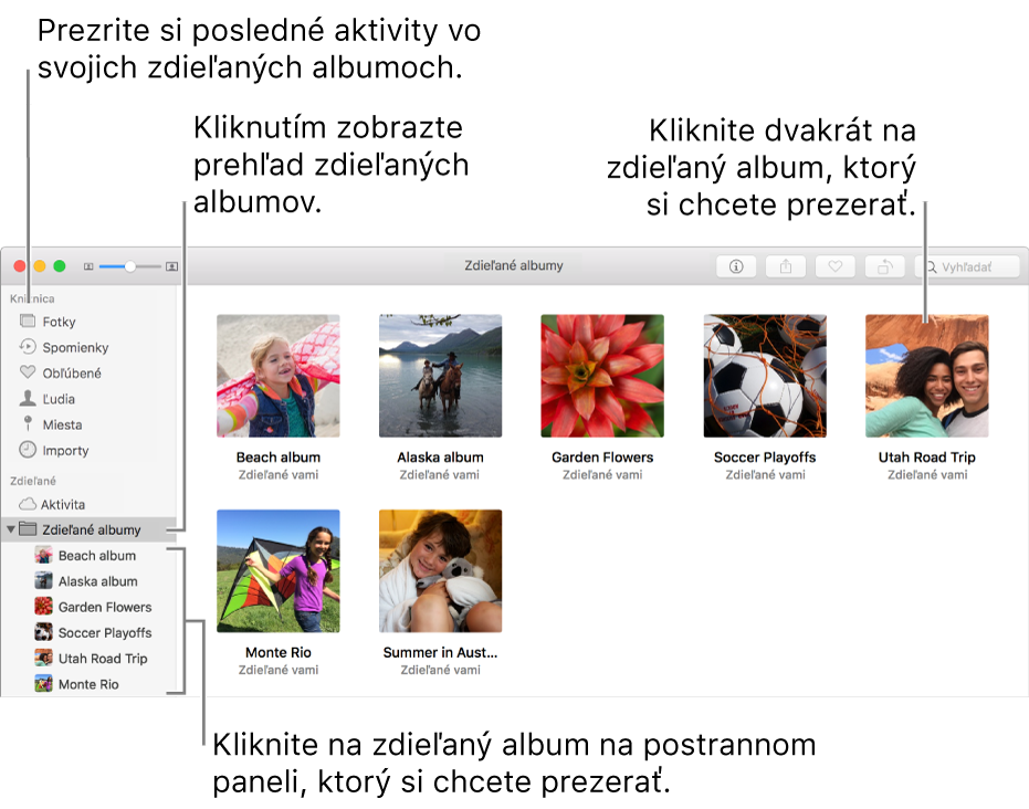 Panel Zdieľané v okne aplikácie Fotky zobrazujúci zdieľané albumy.