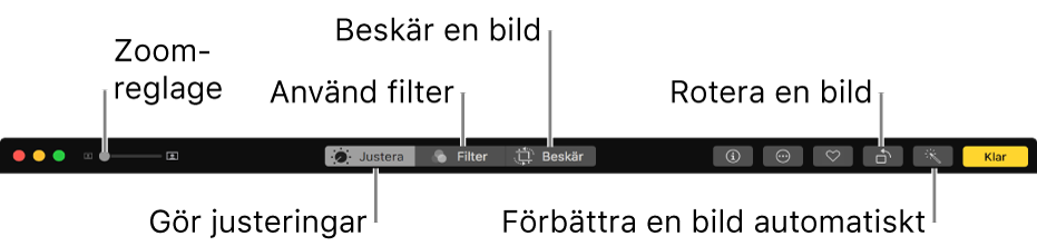 Redigeringsverktygsfältet med knappar för att visa alternativ för justering, filter och beskärning