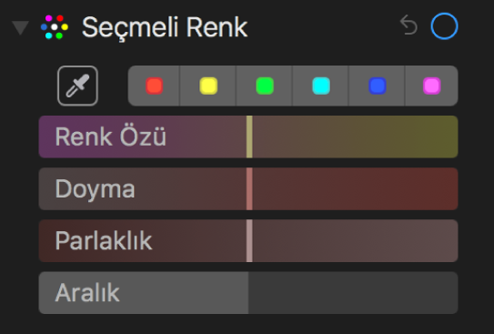 Renk Özü, Doyma, Parlaklık ve Aralık sürgülerinin gösterildiği Seçmeli Renk denetimleri.