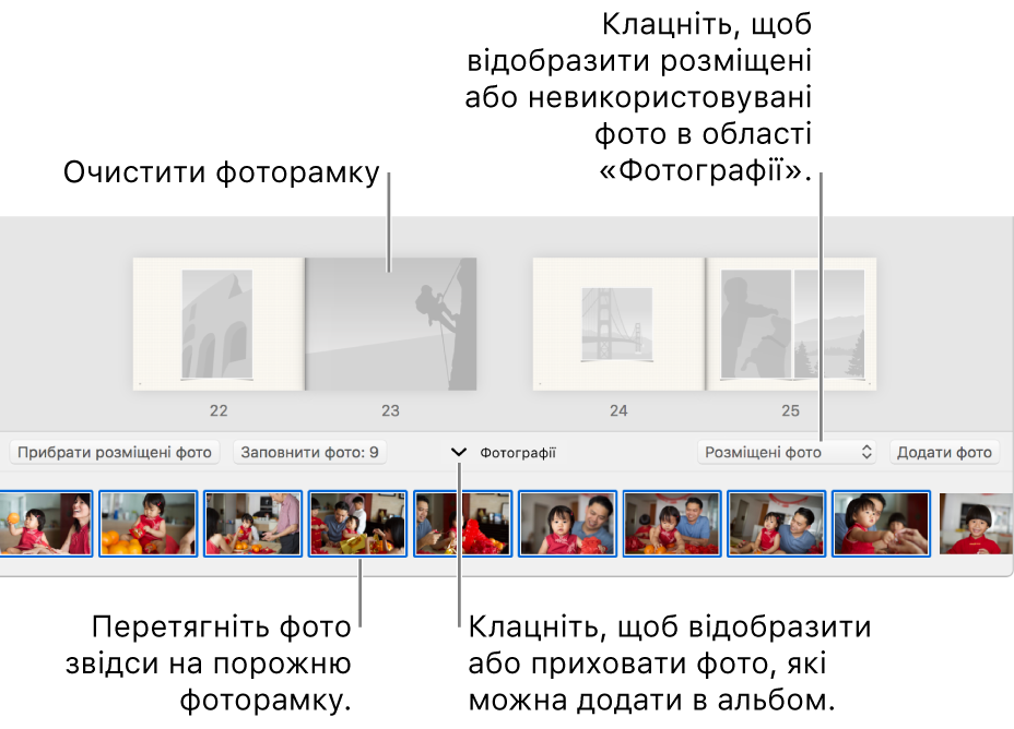 Вікно програми «Фотографії» зі сторінками альбому й областю «Фотографії» внизу.