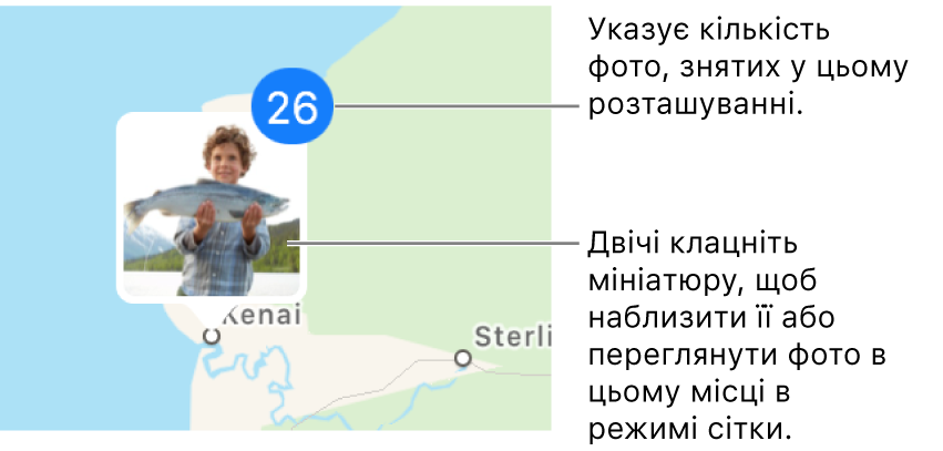 Мініатюри фотографій на карті.