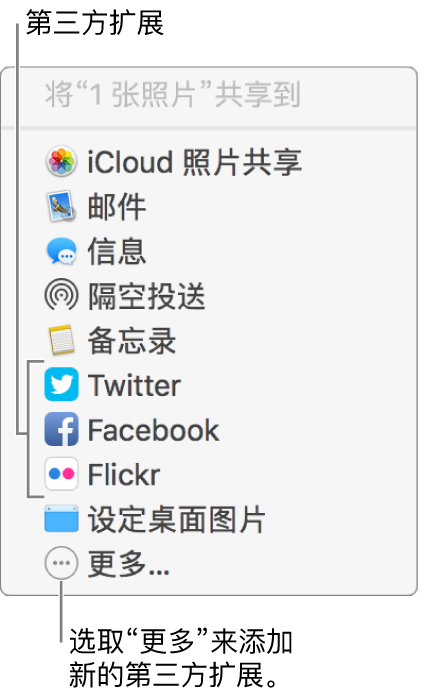 显示 Flickr 之类第三方扩展的“共享”菜单。