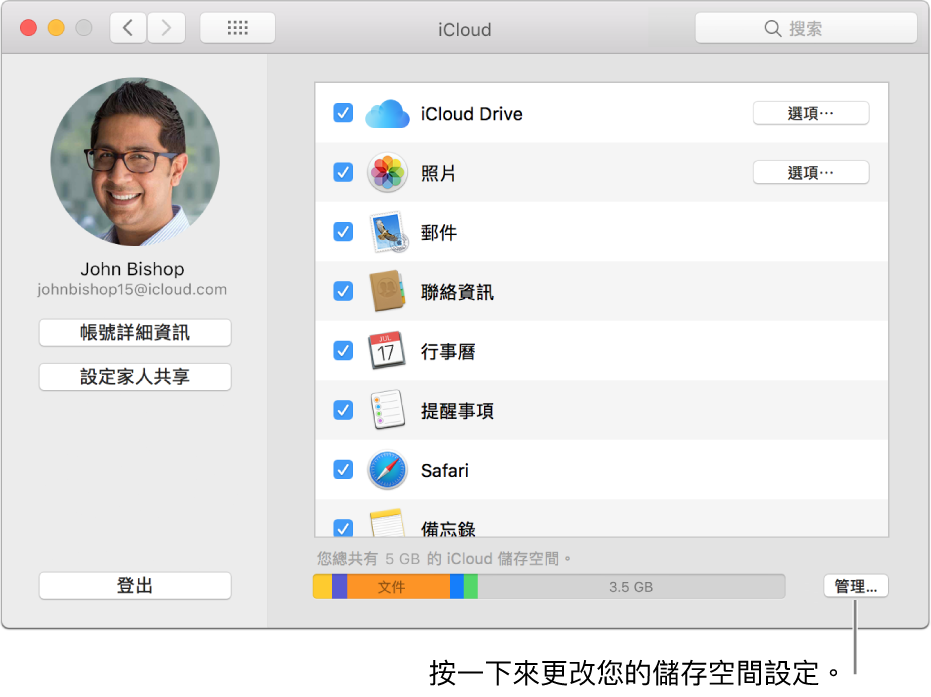 「系統偏好設定」的 iCloud 面板。