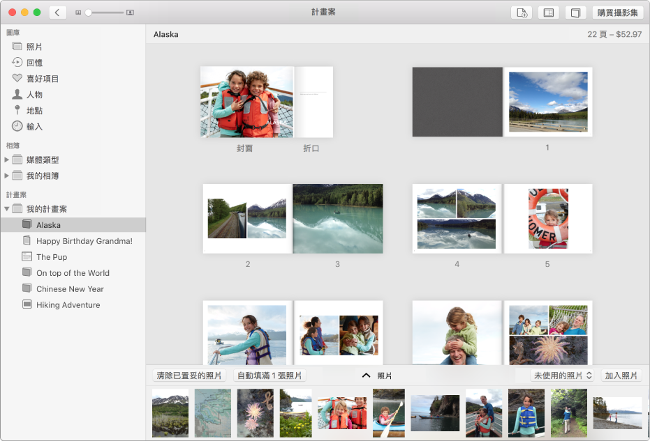 「照片」視窗開啟一本攝影集，顯示佈滿照片的頁面。