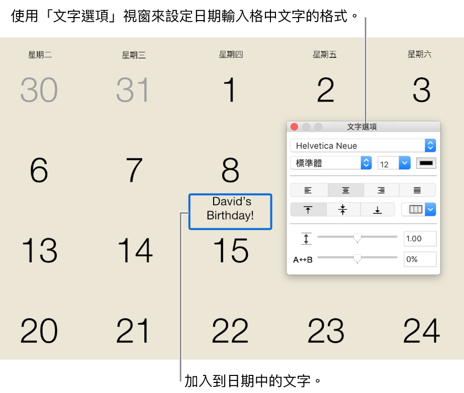 行事曆日期下方帶有加入的文字，右側為「文字選項」視窗。
