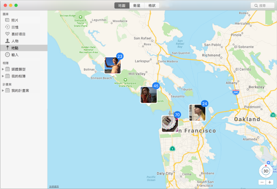 「照片」視窗，其中顯示地圖與按地點群組的照片縮覽圖。