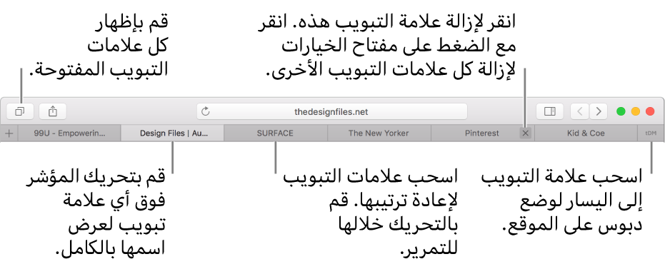 نافذة Safari وبها علامات تبويب.