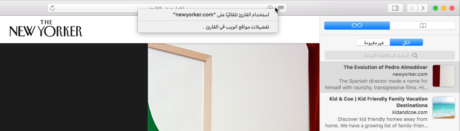نافذة Safari مع عرض قائمة القراءة.