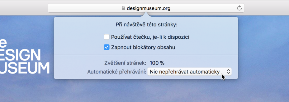 Nabídka v dynamickém vyhledávacím poli, v níž se zobrazuje nastavení pro aktuální webový server.