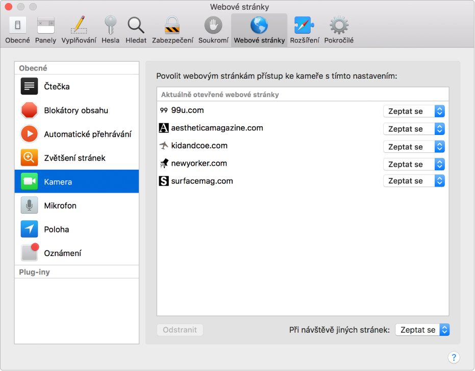 Předvolby Webové stránky, kde můžete měnit způsob procházení stránek na konkrétních webových serverech v Safari