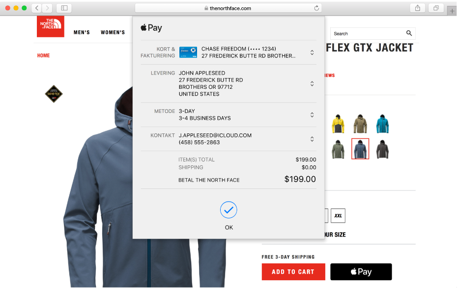 En populær netbutik, hvor Apple Pay er markeret, og den dialog, der viser oplysningerne om dit køb.