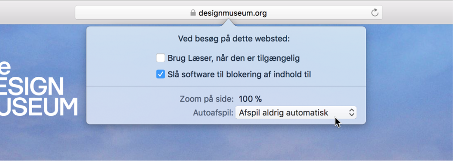 En menu fra det smarte søgefelt, der viser indstillinger til det aktuelle websted.