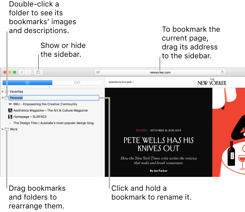 A Safari window showing bookmarks in the sidebar; one bookmark is selected for editing.