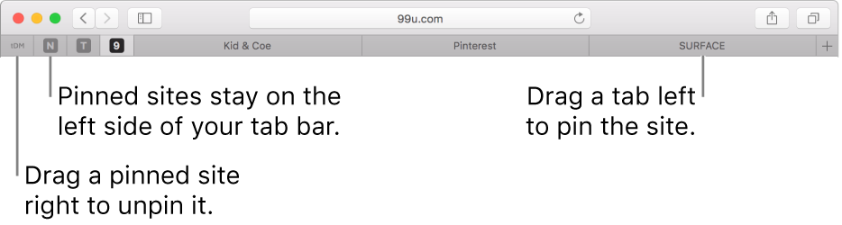 Pinned sites in the Safari tab bar.
