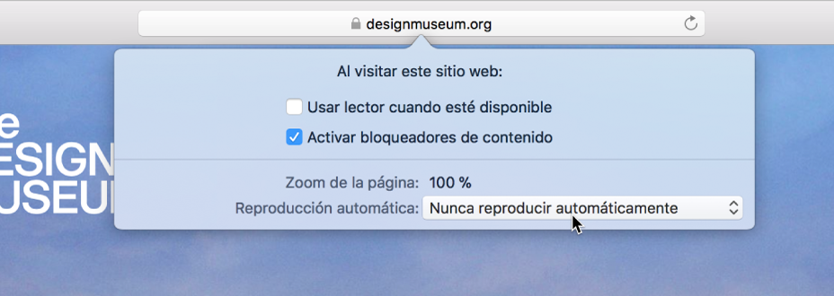 Un menú del campo de búsqueda inteligente que muestra la configuración para el sitio web actual.