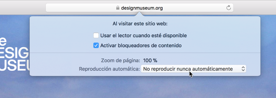 Un menú del campo de búsqueda inteligente en el que se muestran los ajustes del sitio web actual.