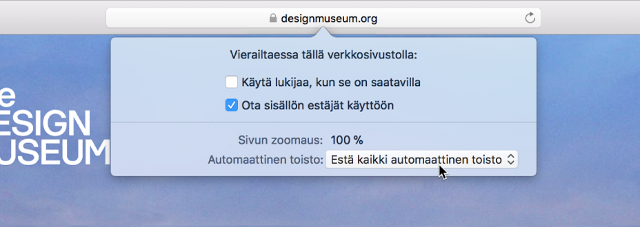 Älykkään hakukentän valikko, jossa näkyy nykyisen verkkosivuston asetukset.