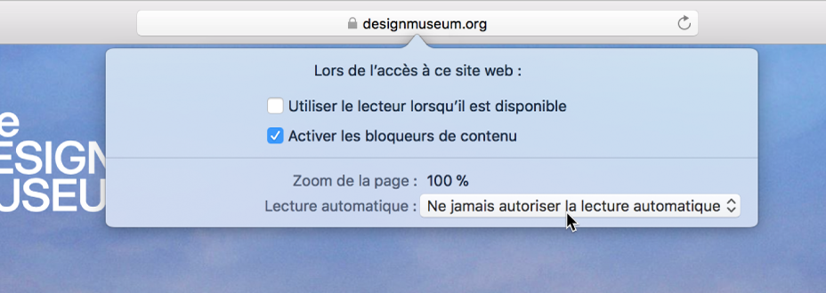 Menu du champ de recherche intelligente affichant les réglages du site web actuel.