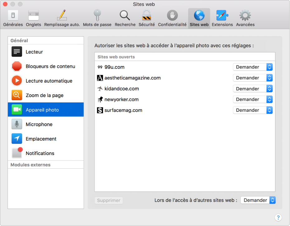 Préférences Sites web, qui vous permettent de personnaliser la façon dont vous parcourez les sites web dans Safari.